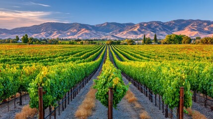 Fototapeta premium Vineyard rows stretch across hills under evening sky in a rural area with mountains in the background