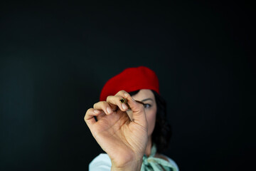 Woman writing with an old pen. Hand holding pen. Copying area.