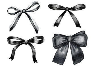 Watercolor black bows collection. Elegant hand painted ribbon bows isolated on transparent background