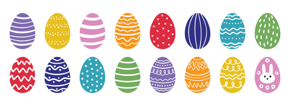 Cute cartoon easter egg decorated with dots, stripe, line, ornaments or Easter design. doodle colorful egg Easter set.