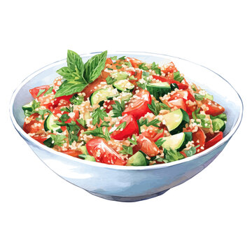 Tabbouleh Salad in watercolor style, vector illustration, isolated on white background.