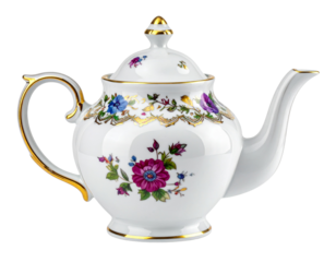 Classic porcelain teapot with intricate floral patterns isolated on white background