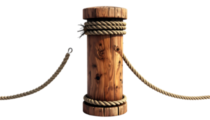 A wooden bollard wrapped with rope, parts of rope extend outwards against a black background