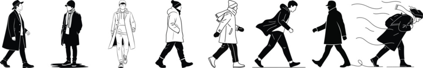 Fototapeta premium Silhouettes of people walking in a line