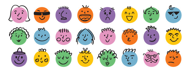 funny comic faces round abstract various emotions set. crayon drawing different colorful characters. cartoon flat design.