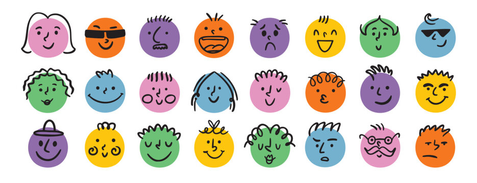 funny comic faces round abstract various emotions set. crayon drawing different colorful characters. cartoon flat design.