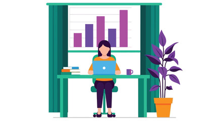 A woman working on a laptop at a desk by a window overlooking a data analysis chart illustration