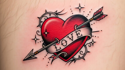 Traditional tattoo design of a heart pierced by an arrow with a love banner