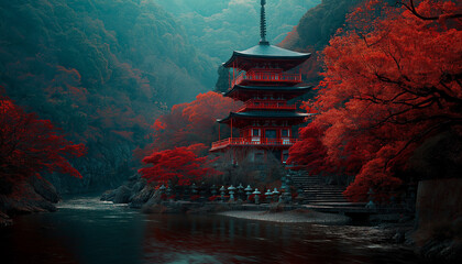 AI generator images of A famous viewpoint in Japan, the five-story red pagoda offers a stunning backdrop of Mount Fuji. During autumn, the surrounding trees transform into beautiful shades of red 