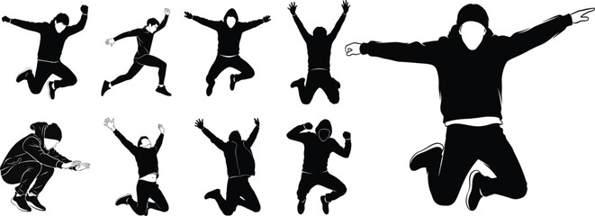 Silhouette of multiple people jumping and celebrating in various poses
