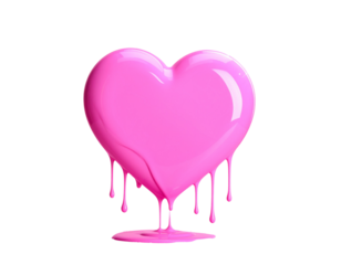 A pink heart dripping with vibrant neon pink liquid, glowing with a surreal, magical