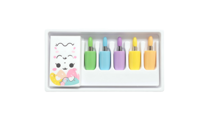 Pastel-colored cosmetic kit with dropper bottles, decorative box in a white tray