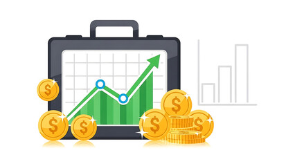 Briefcase with growing graph and gold coins on white background
