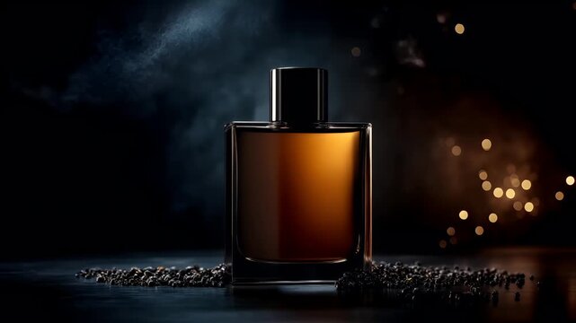 A closeup of a perfume bottle with a dark, amber liquid. The bottle is rectangular with a black cap and a transparent body, revealing the amber liquid inside. The background is dark.