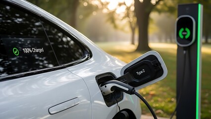 Electric vehicle charging station powering up a modern car, showcasing sustainable energy solutions for a greener future