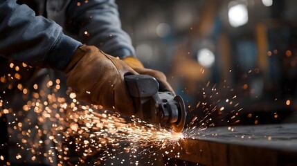 Close up of a worker s gloved hands using an angle grinder creating a dramatic shower of sparks on metal in an industrial setting
