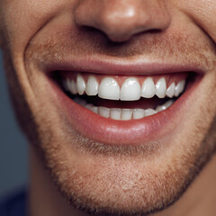 cheerful close-up of a man's smile shows clean, white teeth and a well-groomed beard, radiating happiness and confidence