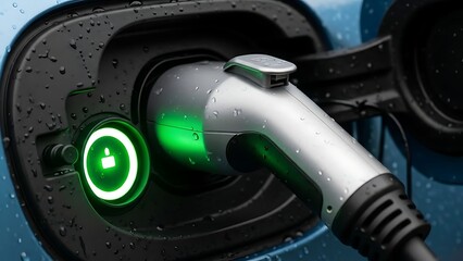 Close-up of electric car charging port with glowing green indicator light, symbolizing sustainable energy and eco-friendly transportation