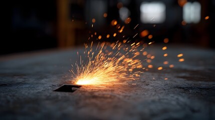 Close up of intense bright orange sparks flying upwards from a metal surface during an industrial cutting process creating a fiery spectacle