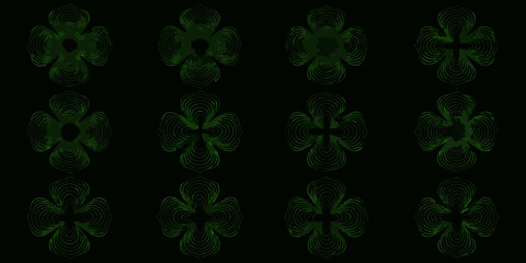 A grid of vibrant green swirling floral patterns against a dark backdrop