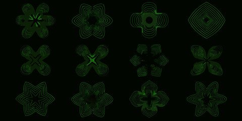 Abstract green floral and geometric shapes on a dark background