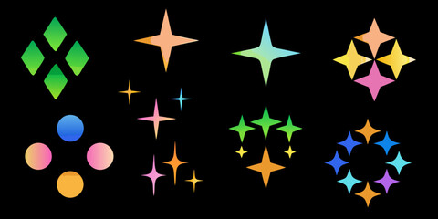 Colorful sparkle shapes and glowing star designs on a dark background