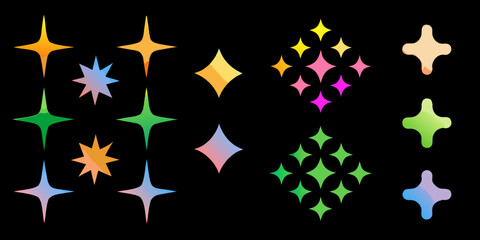 A collection of vibrant colorful star and sparkle shapes against a black background