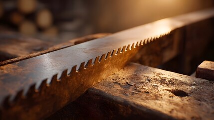 A close up of a rusty saw blade with sharp teeth illuminated by soft golden sunlight in a rustic setting
