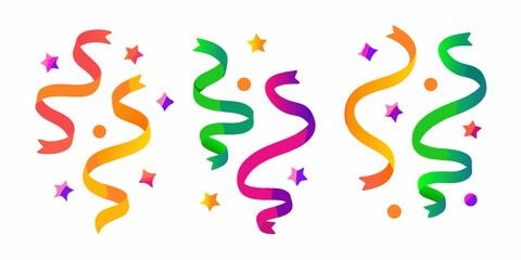 Colorful confetti ribbons and sparkling stars create a festive celebration background