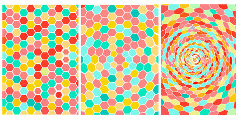 Colorful hexagonal patterns and a swirling spiral design presented in a triptych