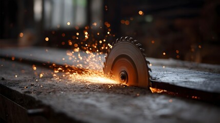 A sharp circular saw blade cuts through wood generating a vibrant shower of intense orange sparks
