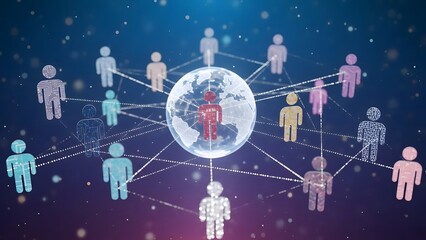 A global business network concept illustrating a social community of people connected through 3D technology and internet communication for worldwide teamwork and digital partnership