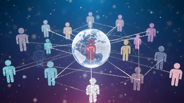 A global business network concept illustrating a social community of people connected through 3D technology and internet communication for worldwide teamwork and digital partnership - Powered by Adobe