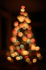 Christmas tree decorated with glowing multicolored lights is shown in soft bokeh, creating a festive and cozy holiday atmosphere