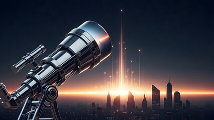 An industrial oil rig and gas pump stand against a dark Moscow night skyline with city lights reflecting on the water at dusk under a colorful urban landscape