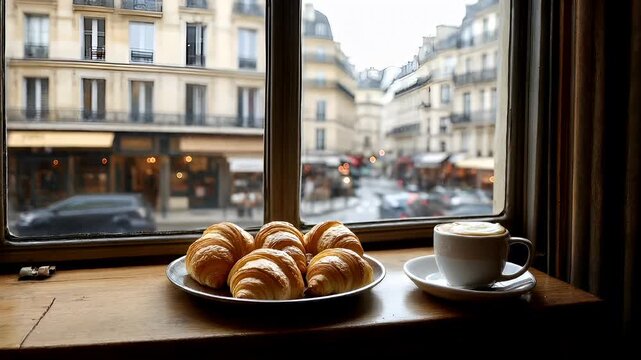 Paris, France, Europe. A Parisian cafe window sill with a plate of croissants and a cup of cappuccino on a wooden table. The scene outside is a bustling street with cars and pedestrians.