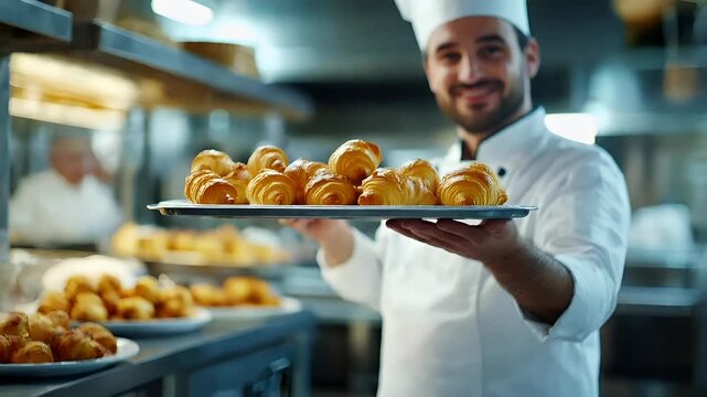 Paris, France, Europe. A closeup shot of a chef holding a tray of croissants in a kitchen setting. The chef is wearing a white uniform with a black apron and a white hat.