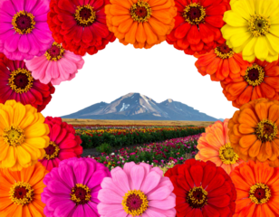colorful zinnia blooms as a frame border, isolated with negative space for layouts