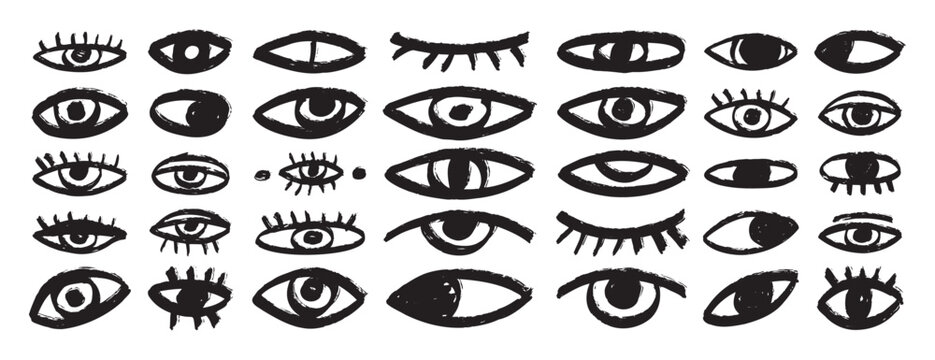 bizarre eyes hand drawn doodle brush set. Textured minimalistic grunge eyes rough collection 