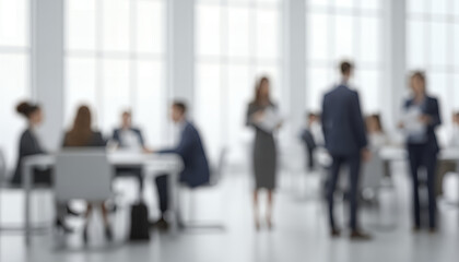 Blurred office showing several people standing and sitting around desks in a bright workspace with large windows, suitable as a neutral background for corporate design and business layouts.
