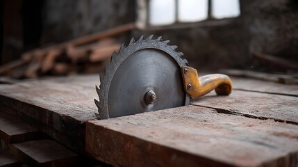 A sharp weathered circular saw blade is partially embedded in rough wooden planks within a dimly lit rustic workshop environment