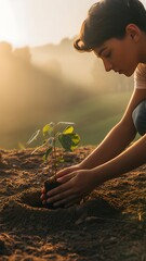 Young man planting a tree sapling in moist soil at sunrise, warm colors, positive environmental atmosphere, sustainable nature style, realistic 8k photography.