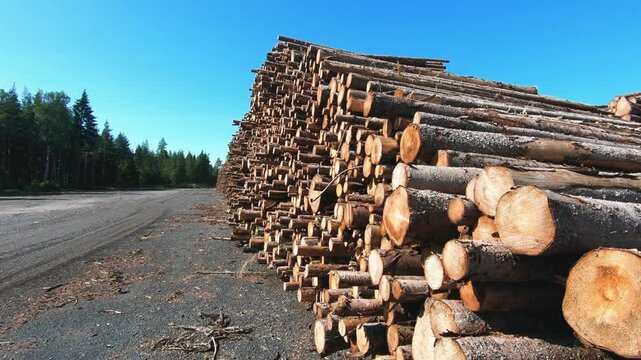 Large stack of freshly cut timber logs at a logging site, forestry industry scene with piled wood trunks, forest background, clear blue sky, sunny weather, no people, daytime