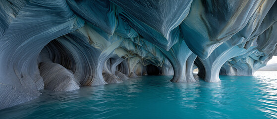 AI generator images of The Marble Caves are considered one of the most beautiful marble caves in the world. caves were formed by the erosion of lake waves. The bright blue color of the water is due 