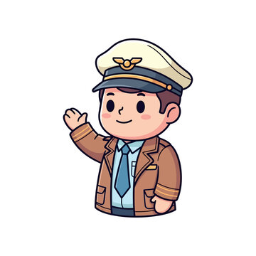 An illustration of a smiling pilot waving in a brown jacket and blue tie.
