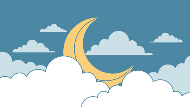 Crescent Moon and Clouds in a Blue Sky - Night Sky Illustration