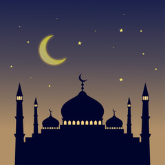 Ramadan Mosque Silhouette Illustration, Islamic Flat Vector