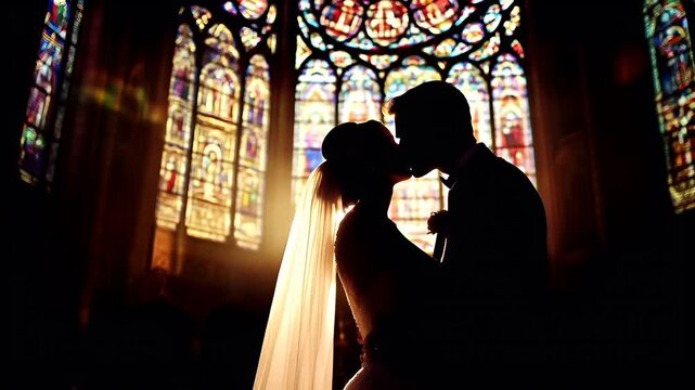 Paris, France, Europe. A silhouette of a couple sharing a kiss in front of a stainedglass window. The bride and groom are captured in a close embrace.