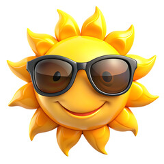 Smiling cartoon sun character wearing black sunglasses isolated on white background, PNG. AI Generated