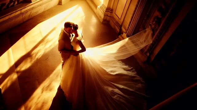 Paris, France, Europe. A bride and groom share an intimate moment in a grand staircase. The brides flowing veil billows around them, creating a dramatic effect.